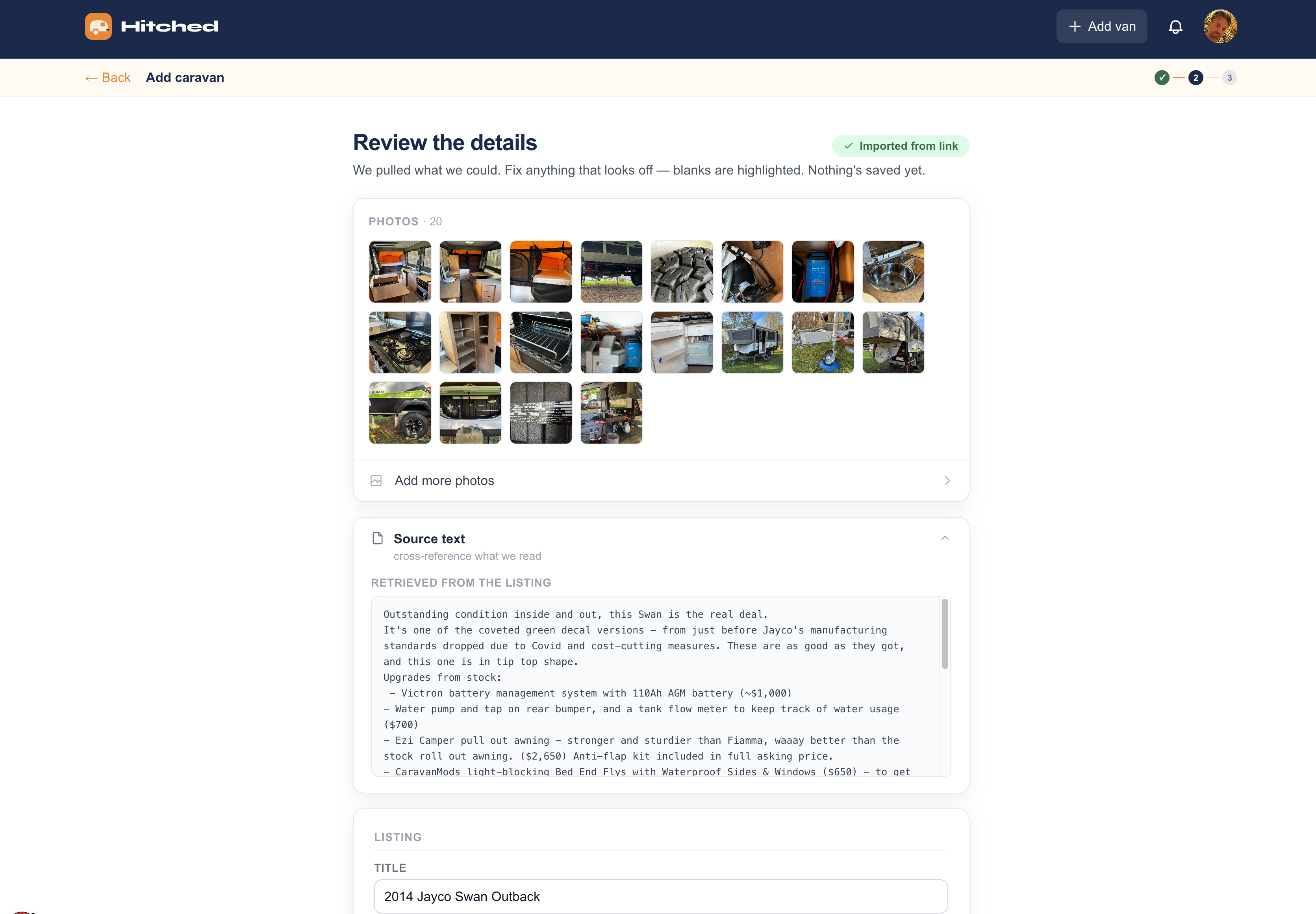 Add caravan flow showing URL, pasted text, and photo import options