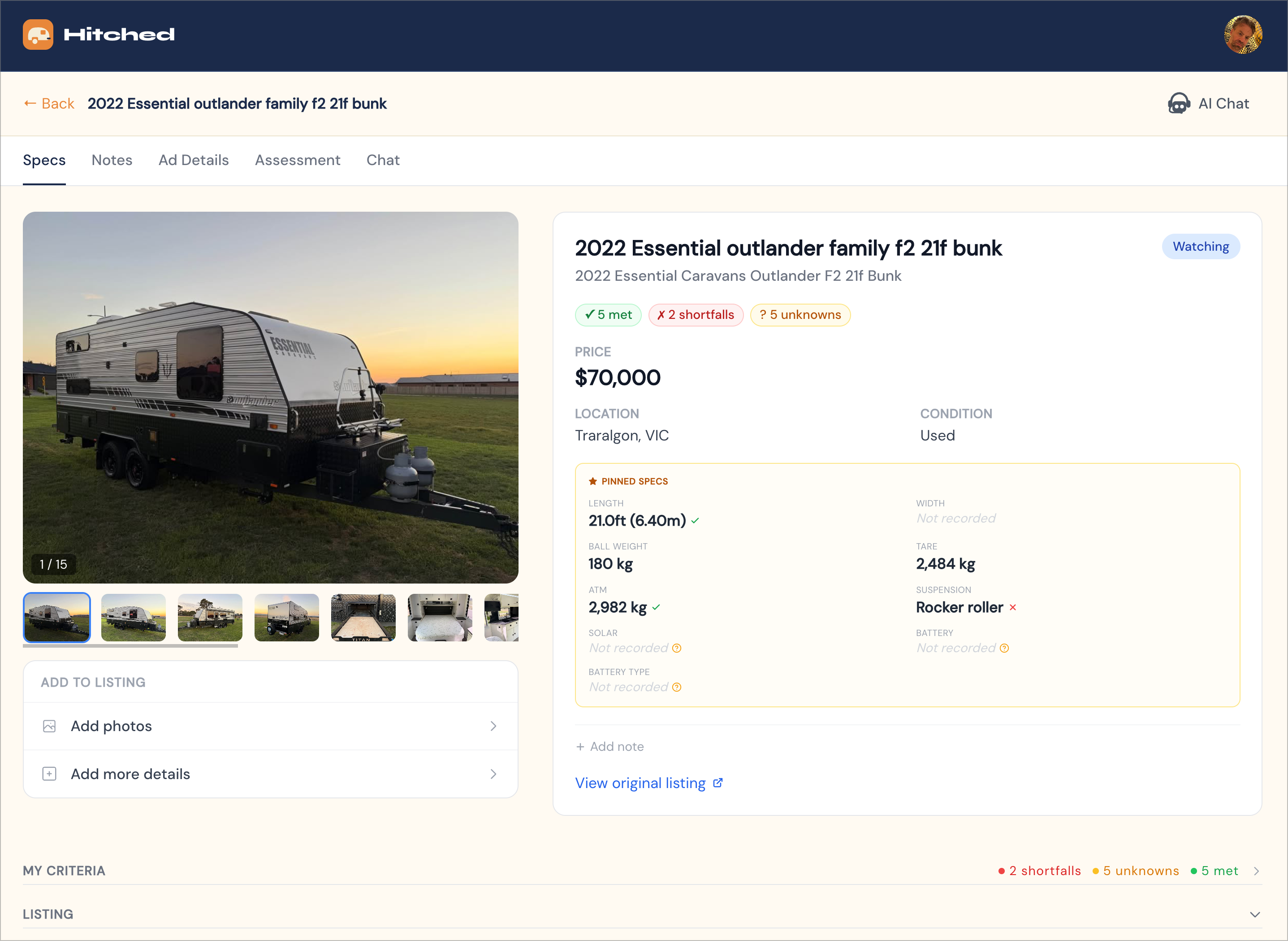 Caravan detail page showing specs with criteria indicators