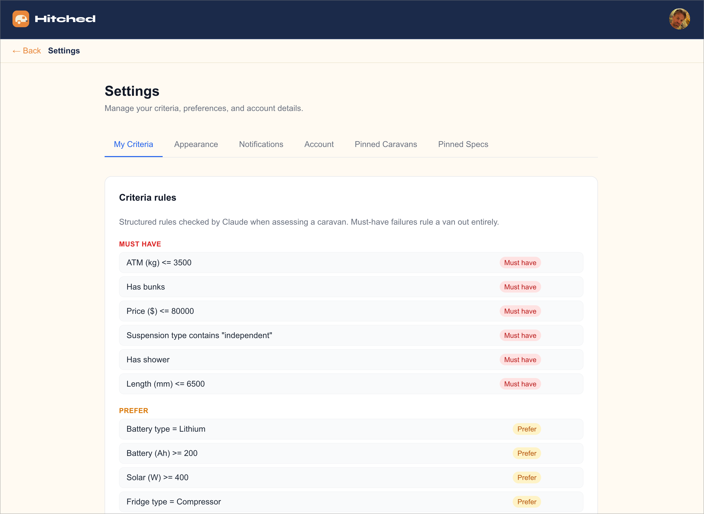 Criteria rules editor showing must-have and nice-to-have conditions