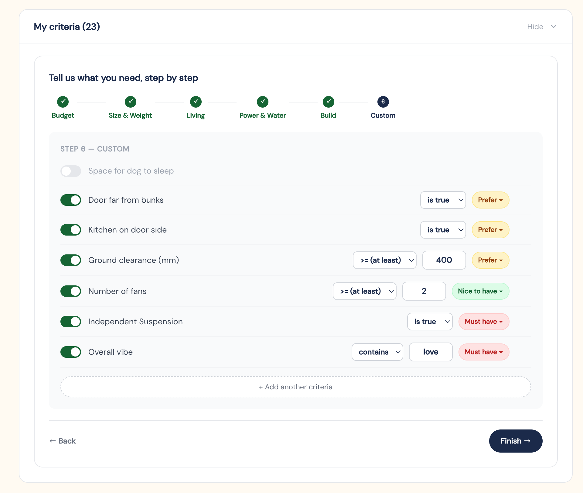 Criteria wizard showing must-have and nice-to-have rules with weights