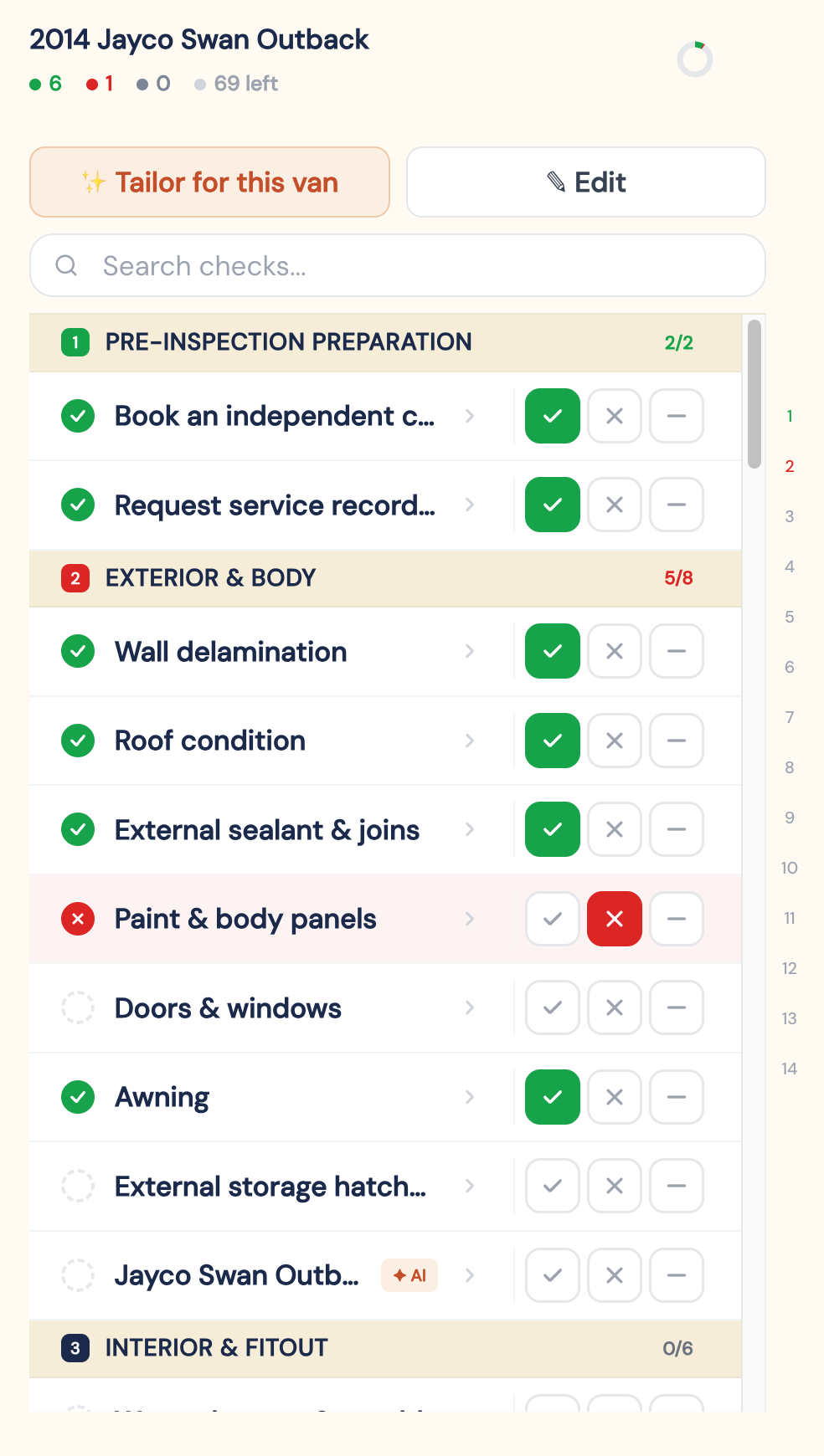 Pre-purchase inspection checklist with pass, fail, and photo notes