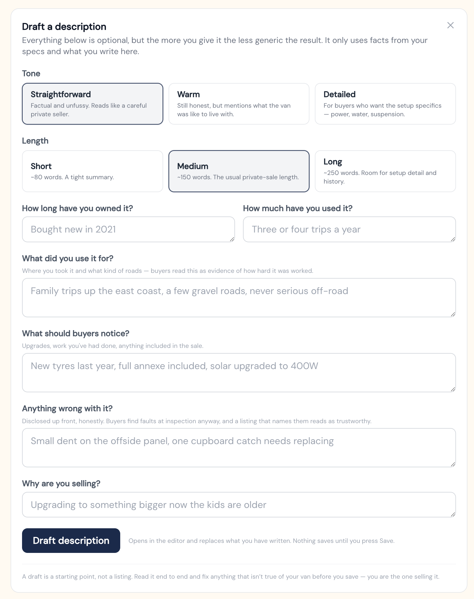 The description generator showing tone and length options and an AI-drafted van description