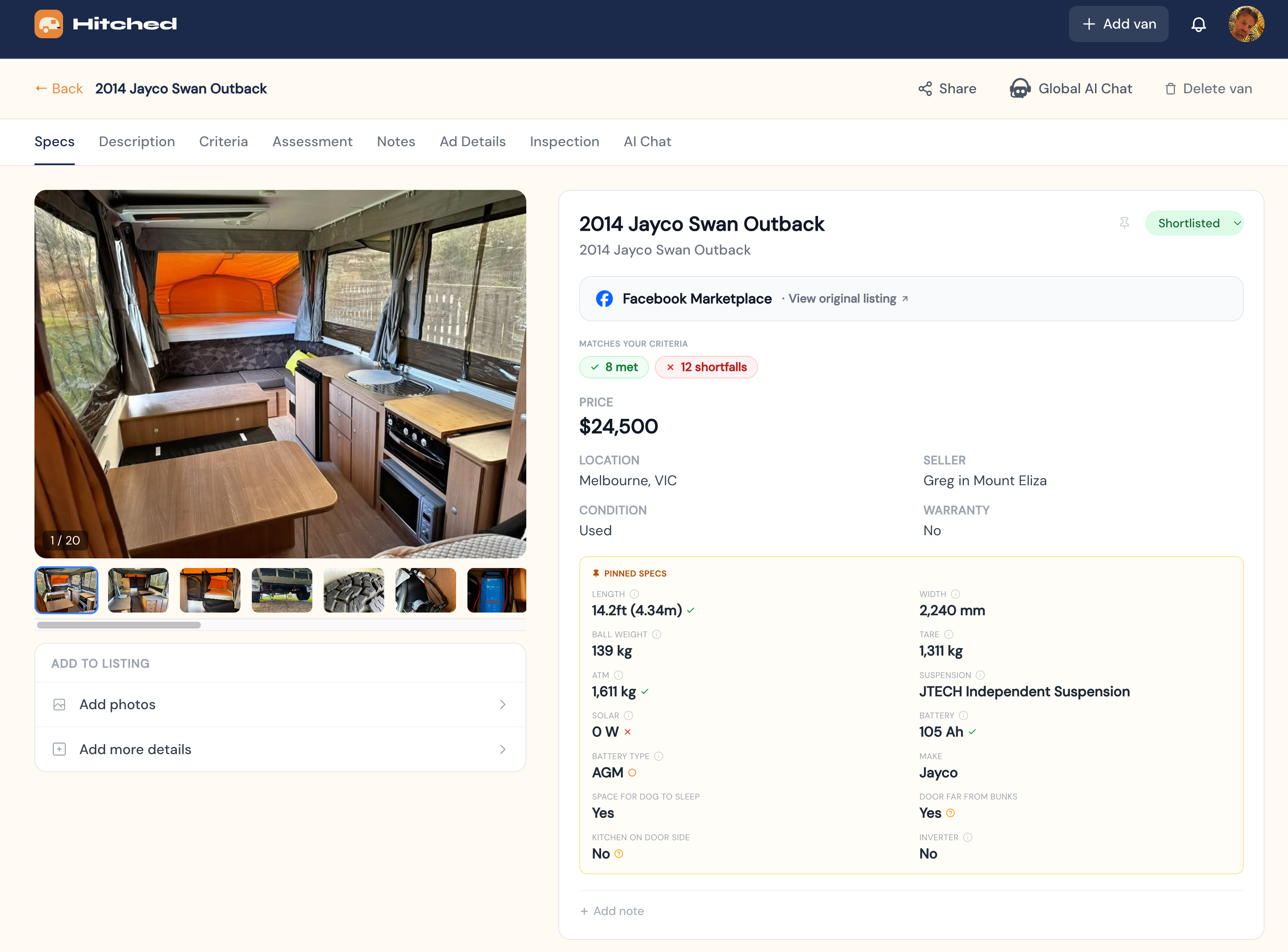 A public Hitched for-sale listing showing photos, price, specs, an enquiry form, and a link back to the original Facebook ad